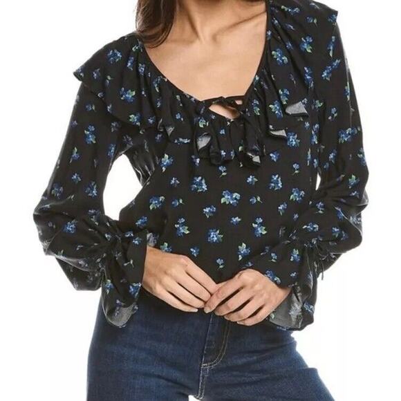 New WeWoreWhat Ruffle Blouse Watercolor Black Multi Ditsy Blue Flower Small - Picture 1 of 6